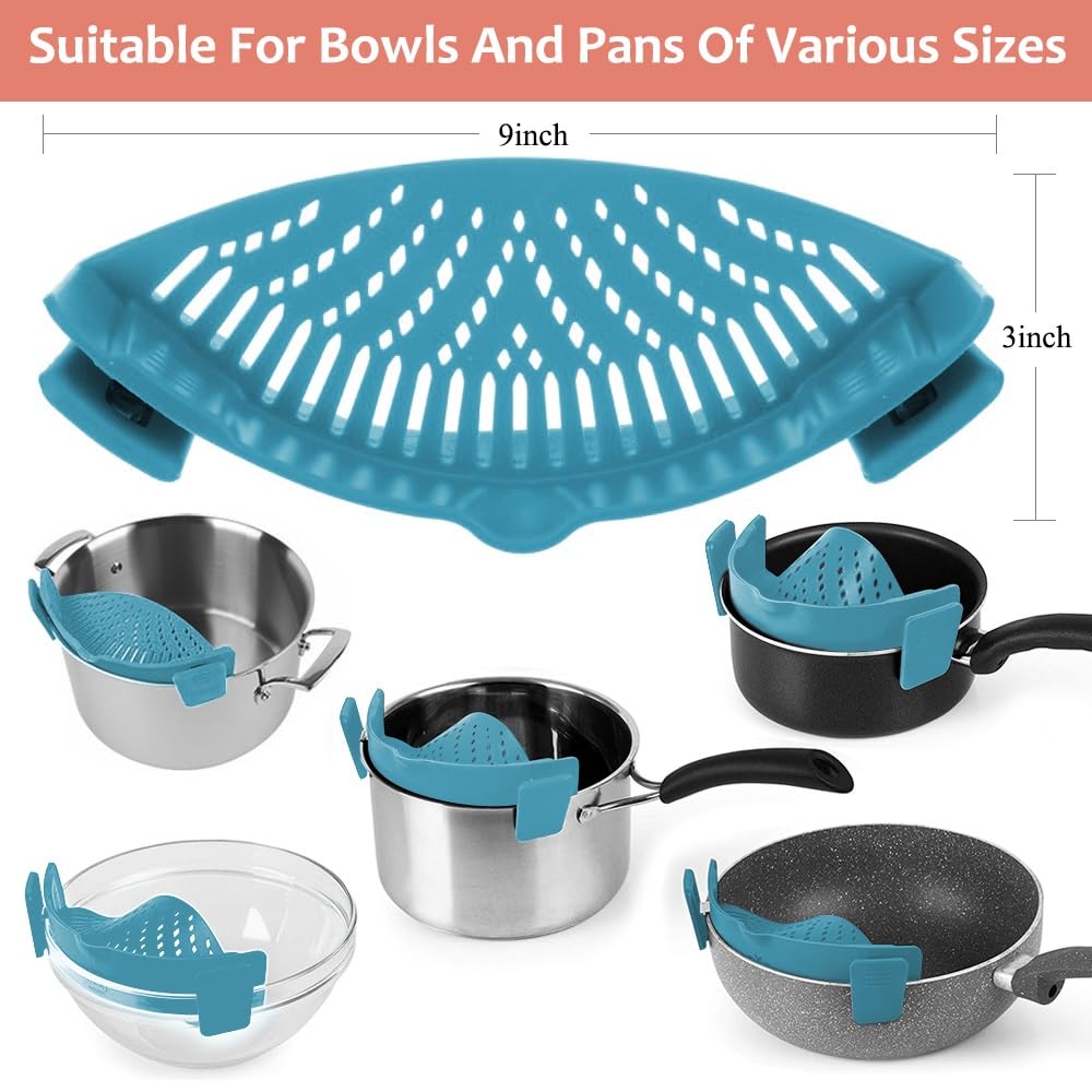 YEVIOR Clip on Strainer for Pots Pan Pasta,Silicone Food Pan Strainer | Food-grade BPA-free,Kitchen Food Strainer for Spaghetti, Pasta,Vegetable Fruits Fits All Bowls and Pots (Green)