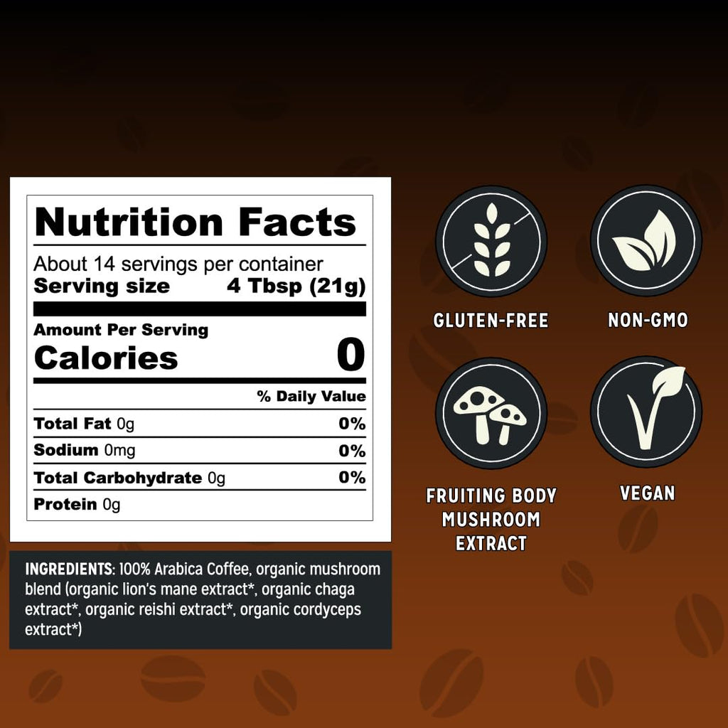 Bones Coffee Company Better Brain Mushroom Coffee - Medium Roast Low Acid Arabica Beans - Ground or Whole Bean - Reishi, Chaga, Lion's Mane, Cordyceps Mushroom Blend - 10 Oz