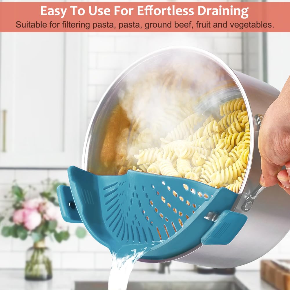 YEVIOR Clip on Strainer for Pots Pan Pasta,Silicone Food Pan Strainer | Food-grade BPA-free,Kitchen Food Strainer for Spaghetti, Pasta,Vegetable Fruits Fits All Bowls and Pots (Green)