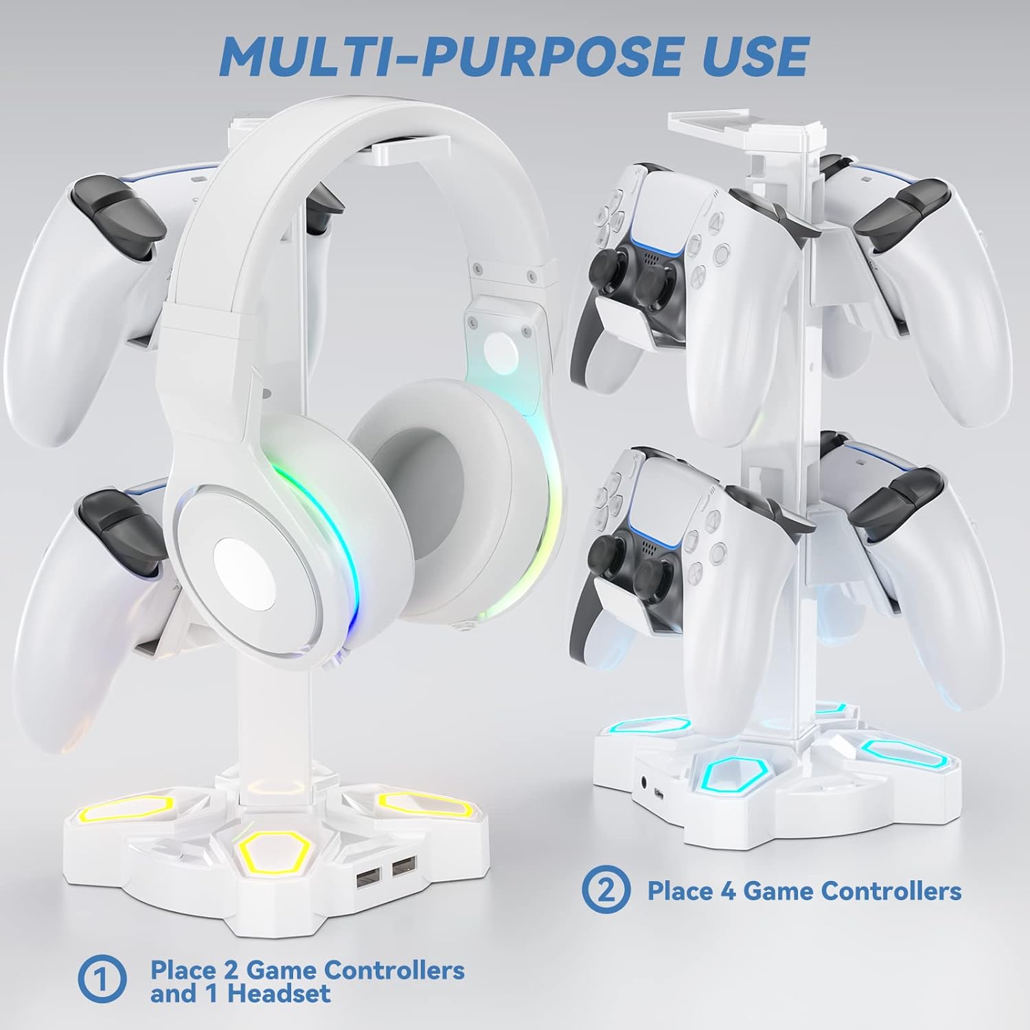 KDD Gaming RGB Headphones Stand & 4 in 1 Desk Cup Holder - Rotatable Headset Stand with 9 Light Modes - Clamp on Under Desk Headphone Hanger