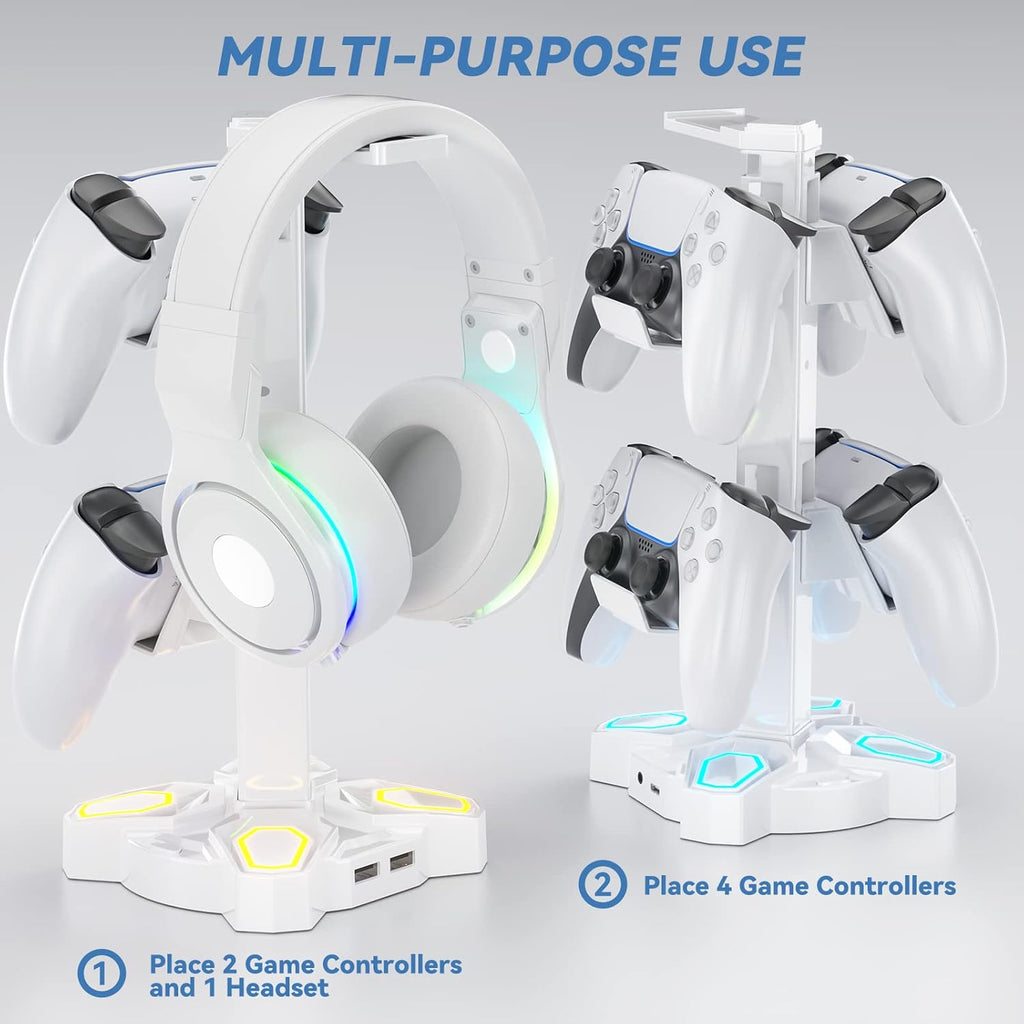 KDD Gaming RGB Headphones Stand & RGB Headphone Stand with USB Charger - Rotatable Headset Stand with 9 Light Modes - Headphone Holder with 2 USB Charging Ports and 3 AC Outlets
