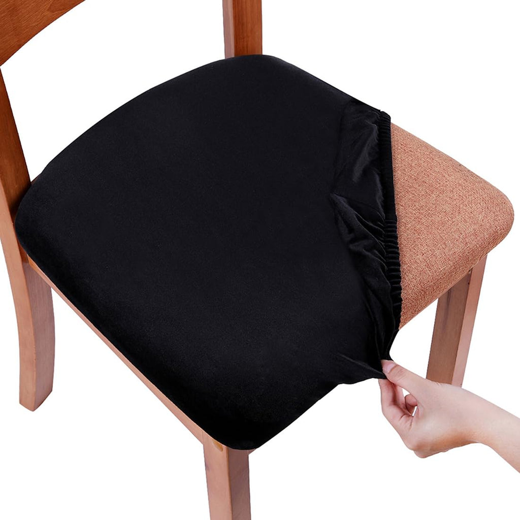 Smiry Velvet Seat Covers for Dining Room Chair Set of 4, Stretch Fit Removable Washable Chair Seat Cushion Protector Slipcovers with Ties, Black