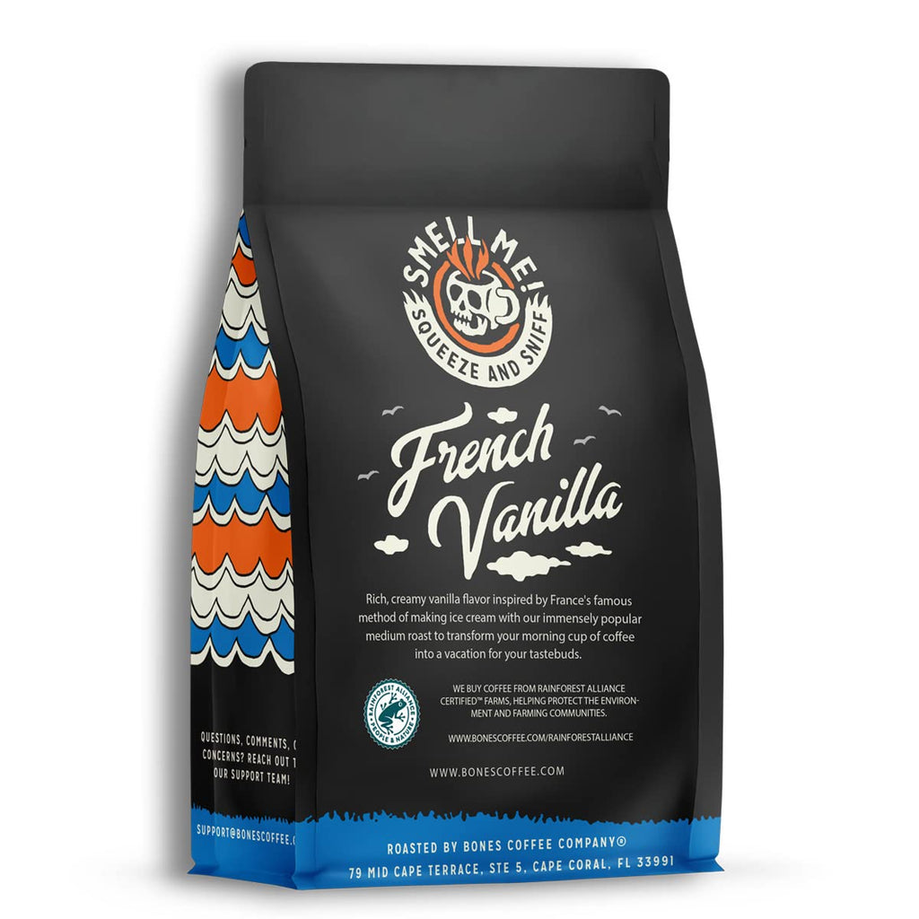 Bones Coffee Company Highland Grog, Butterscotch Caramel Flavored Coffee, Medium Roast Low Acid Arabica Beans Compatible with Auto drip and French Press Coffee Maker, 12 Oz Ground