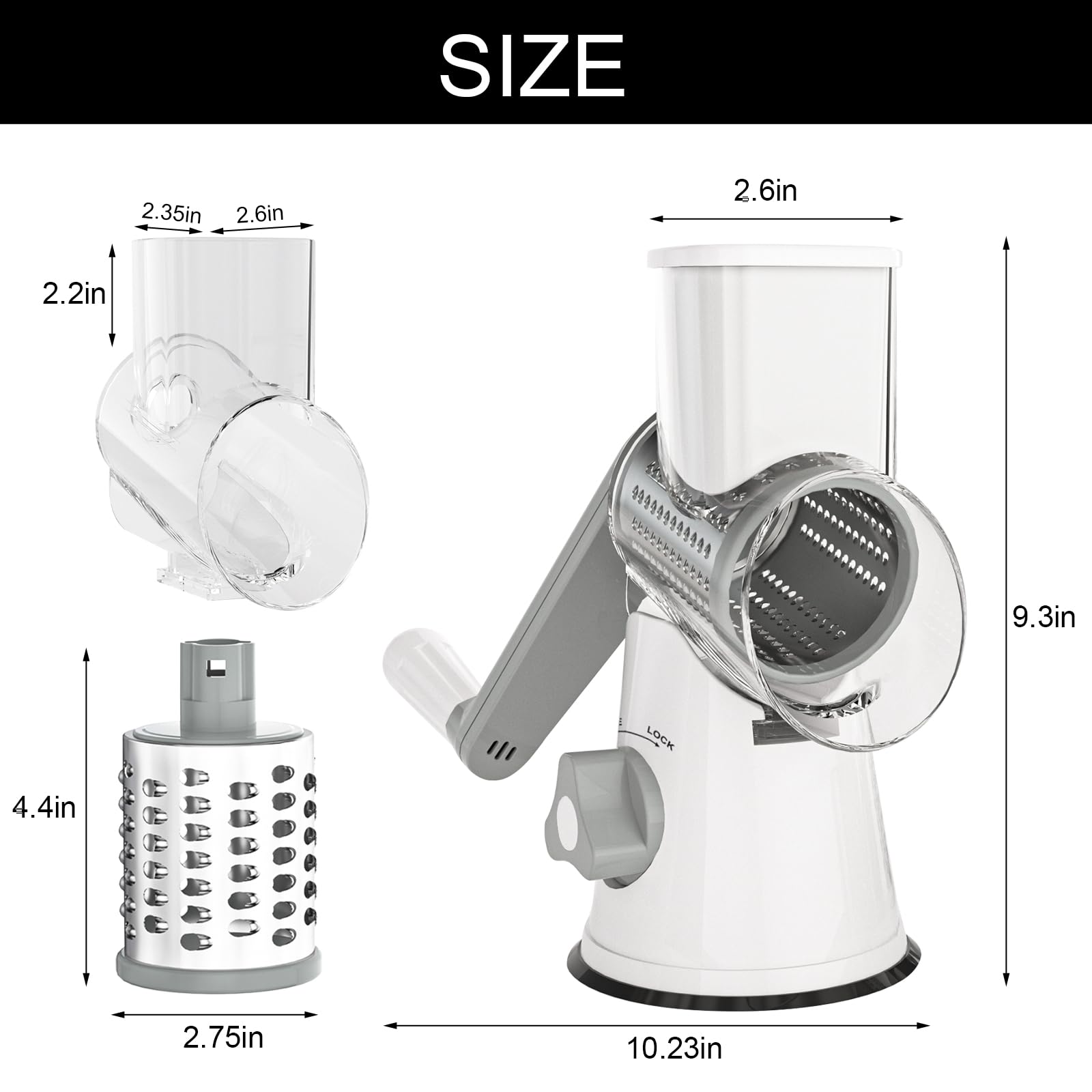 Cambom 5 in 1 Rotary Cheese Grater Hand Crank Cheese Shredder for Fresh Cheese, Vegetable, Nuts,Non-slip Suction Base, Black