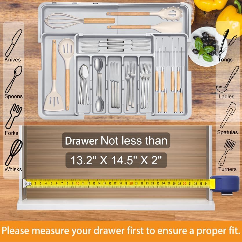Homecor Silverware Organizer - Expandable Large Kitchen Drawer Organizer Utensil Organizer with 2 Removable Knife Blocks & 2 PACK Acrylic Straw Holder for Cabinet Door