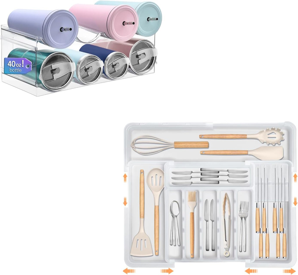 Homecor Large Silverware Drawer Organizer+ 2 Pack Water Bottle Organizer for 40 oz