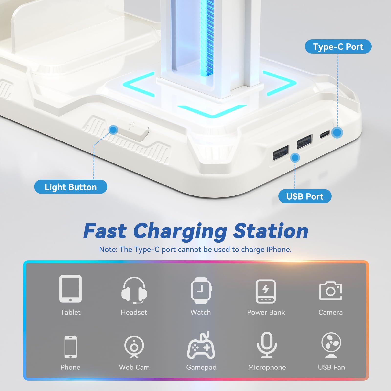 KDD Headset Stand with Charging Station - Detachable Controller Holder with 9 Light Modes - Rotatable Headphone Hanger with USB A&C Charger Ports - Earphone Hook for PC Gaming Accessories Storage