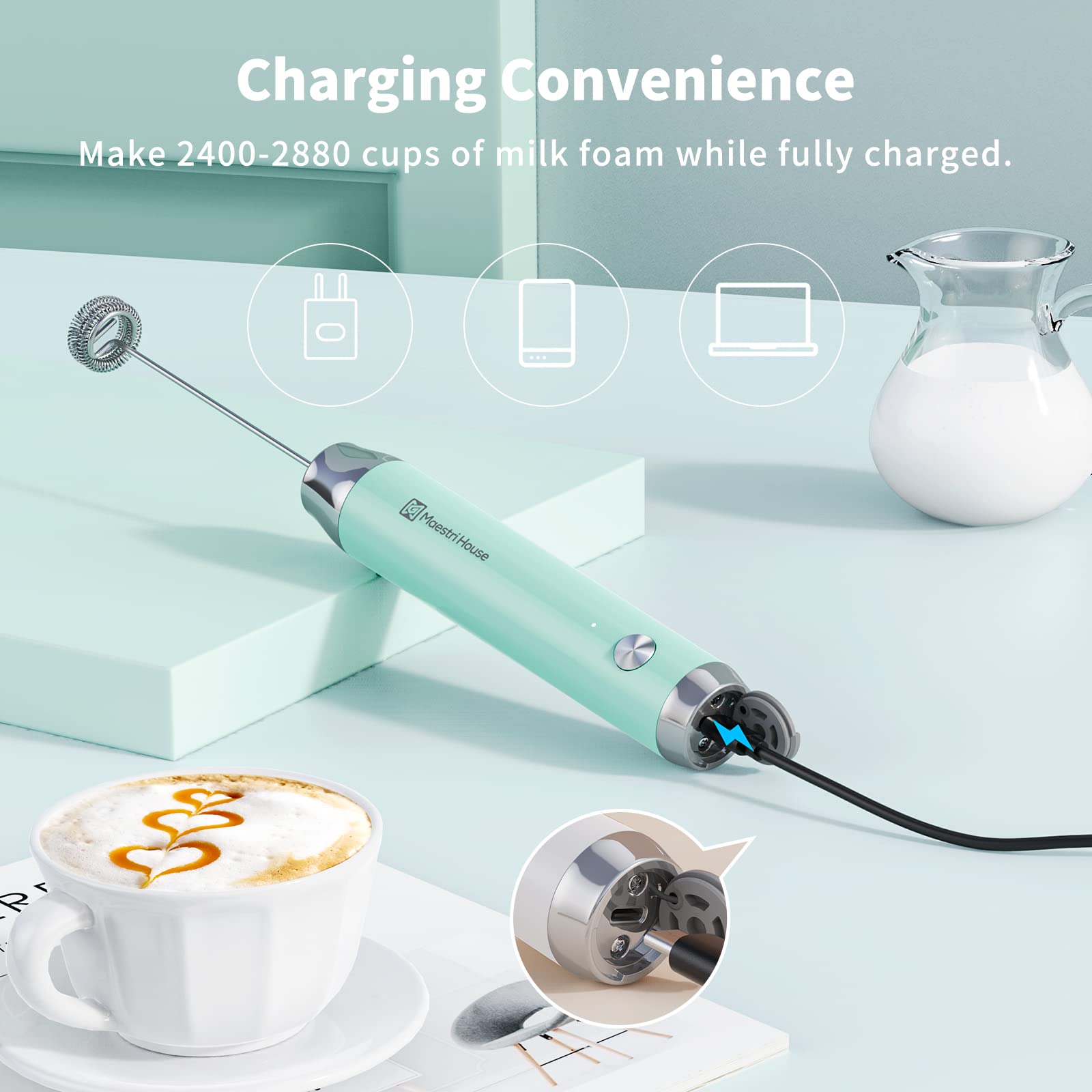 Maestri House Rechargeable Milk Frother with Stand, LunaFro Handheld Electric Foam Maker Waterproof Detachable Stainless Steel Whisk Drink Mixer Foamer for Lattes, Cappuccino