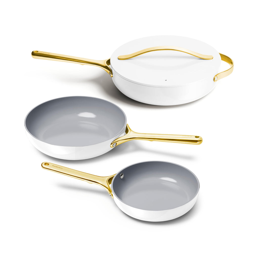 Caraway 4-Piece Fry Pan Set - Non-Stick Frying Pans (10.5” & 8”) & Non-Stick Sauté Pan - Non Toxic, PTFE & PFOA Free - Oven Safe & Compatible with All Stovetops (Gas, Electric & Induction) - Cream