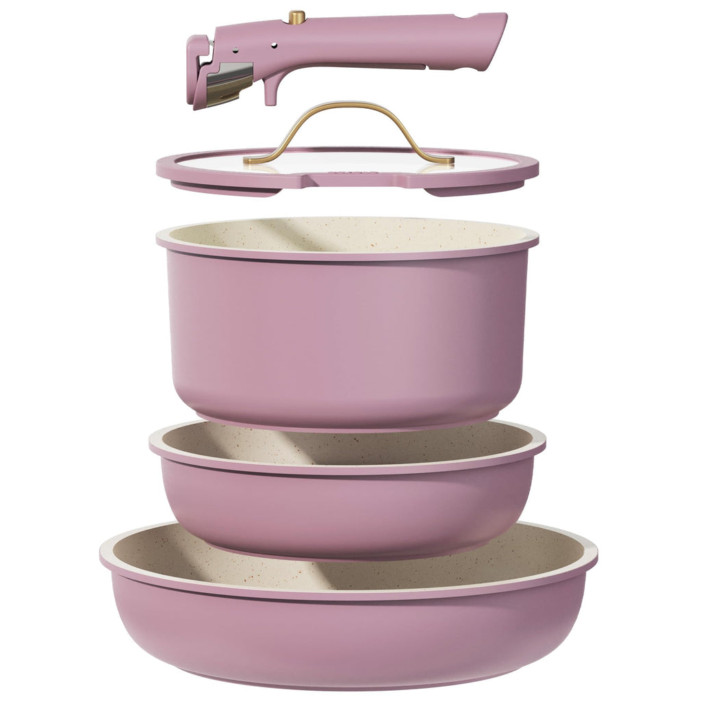 CAROTE Ceramic Pots and Pans Set Non Stick, Nonstick Kitchen Cookware Sets with Lid, Detachable Handle Sauté Pan Set, Non Toxic Frying Pan, Oven Safe, Induction Ready, Cream White