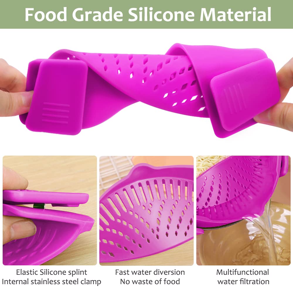 YEVIOR Clip on Strainer for Pots Pan Pasta,Silicone Food Pan Strainer | Food-grade BPA-free,Kitchen Food Strainer for Spaghetti, Pasta,Vegetable Fruits Fits All Bowls and Pots (Green)