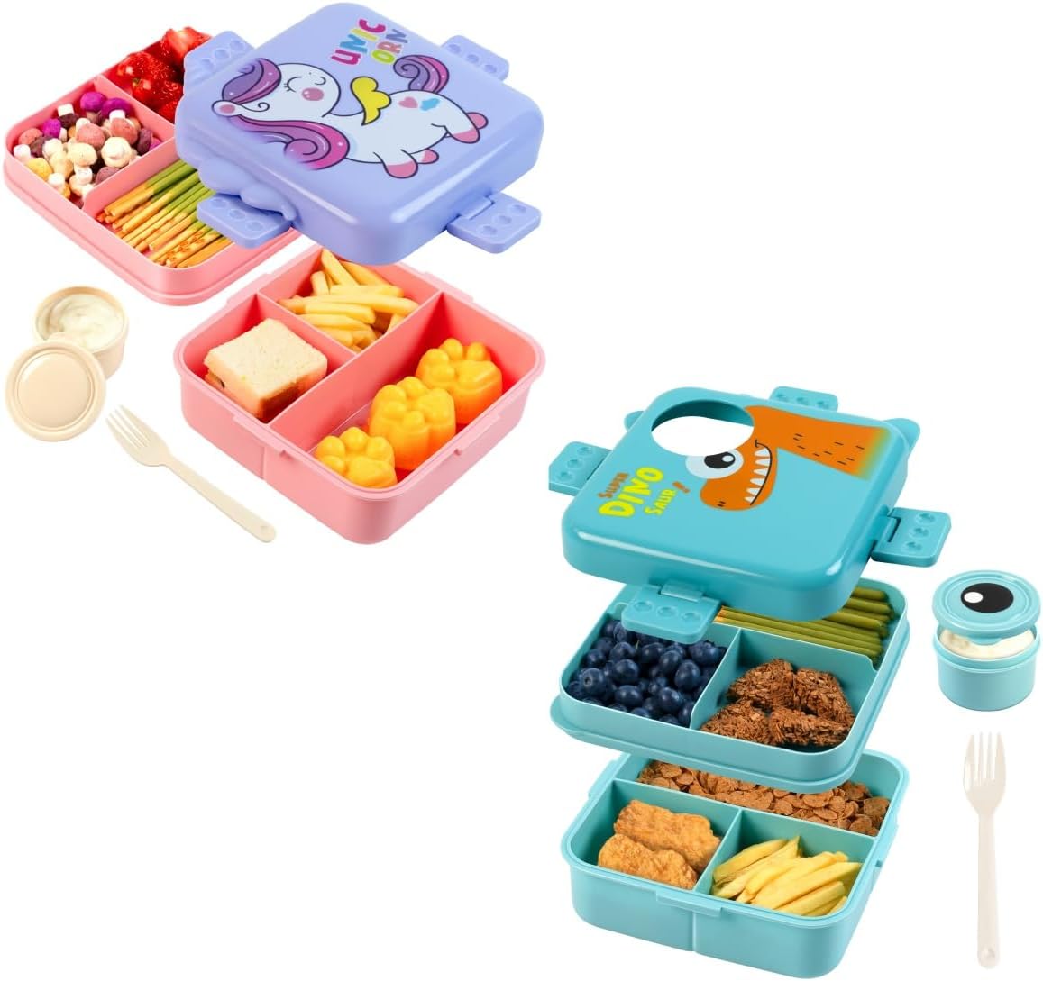 Freshmage 2 Pack Plastic Double-Layer Bento Box Container with 3 Compartments (Bule, Pink)