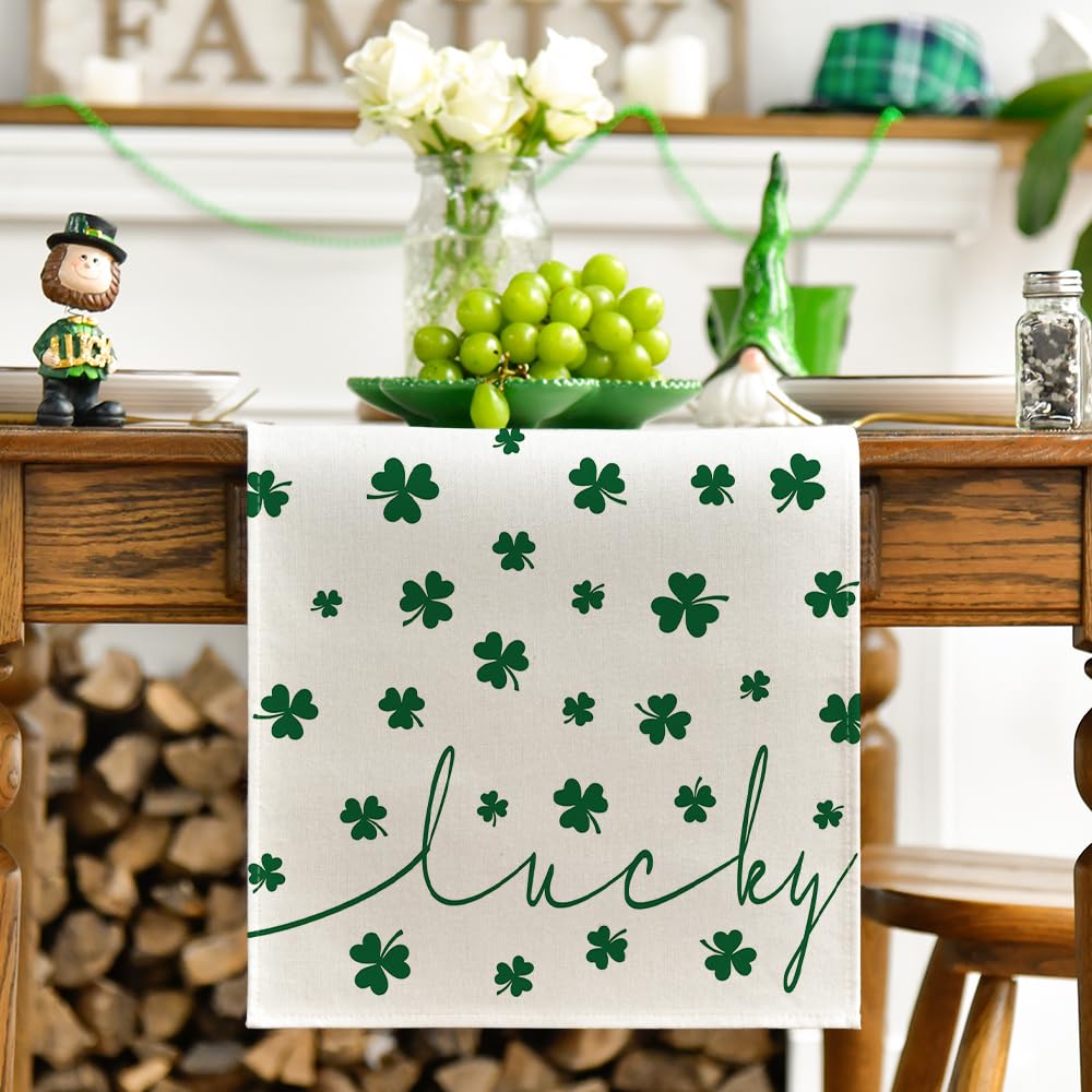 Artoid Mode Beige Lucky Shamrock St. Patrick's Day Table Runner, Seasonal Spring Holiday Kitchen Dining Table Decoration for Indoor Outdoor Home Party Decor 13 x 72 Inch