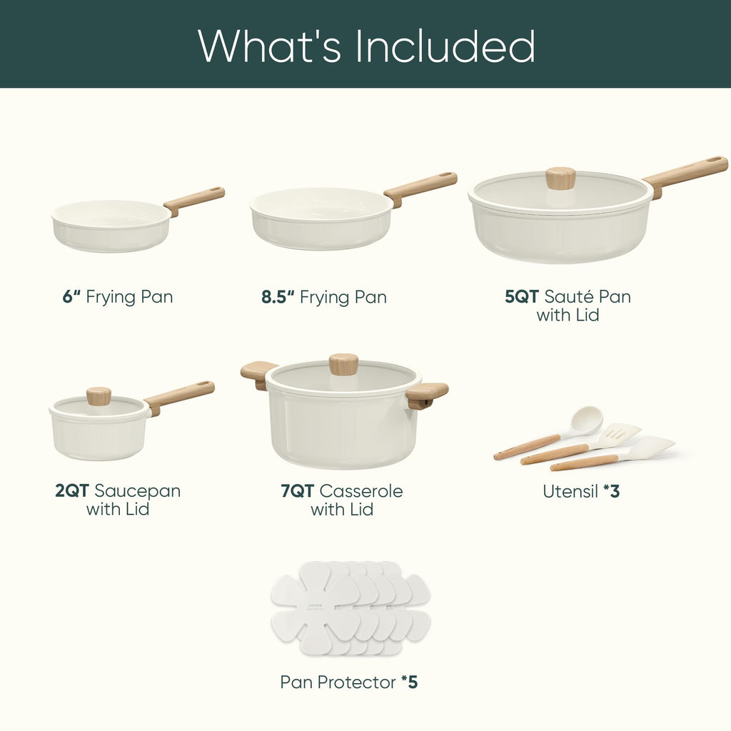 CAROTE 12Pcs Ceramic Pots and Pans Set Non Stick, Healthy Cookware Set, PFAS/PFOA Free, Kitchen Cooking Set with Frying Pans, Taupe