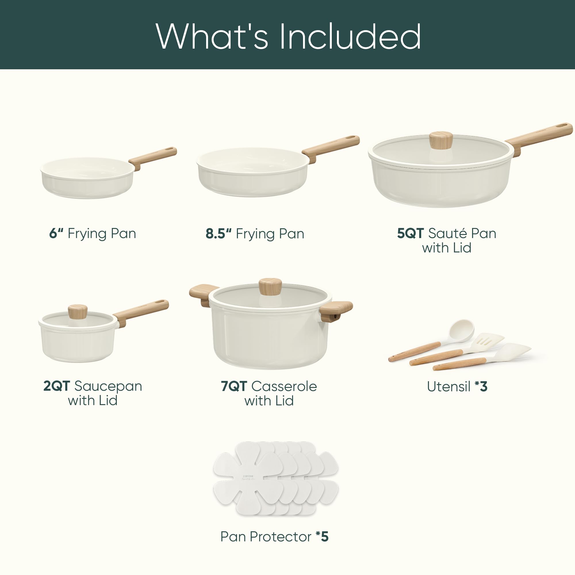 CAROTE 12Pcs Ceramic Pots and Pans Set Non Stick, Healthy Cookware Set, PFAS/PFOA Free, Kitchen Cooking Set with Frying Pans, Taupe