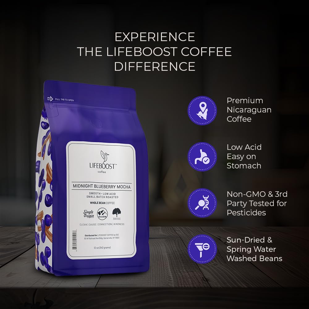 Lifeboost Whole Bean French Vanilla Coffee - Low Acid Single Origin Non-GMO Organic Coffee - Third Party Tested For Mycotoxins & Pesticides - 12 Ounces