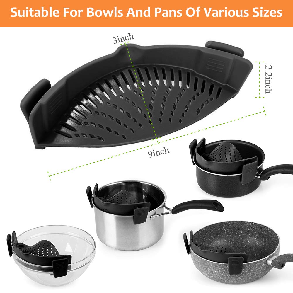 YEVIOR Clip on Strainer for Pots Pan Pasta,Silicone Food Pan Strainer | Food-grade BPA-free,Kitchen Food Strainer for Spaghetti, Pasta,Vegetable Fruits Fits All Bowls and Pots (Green)