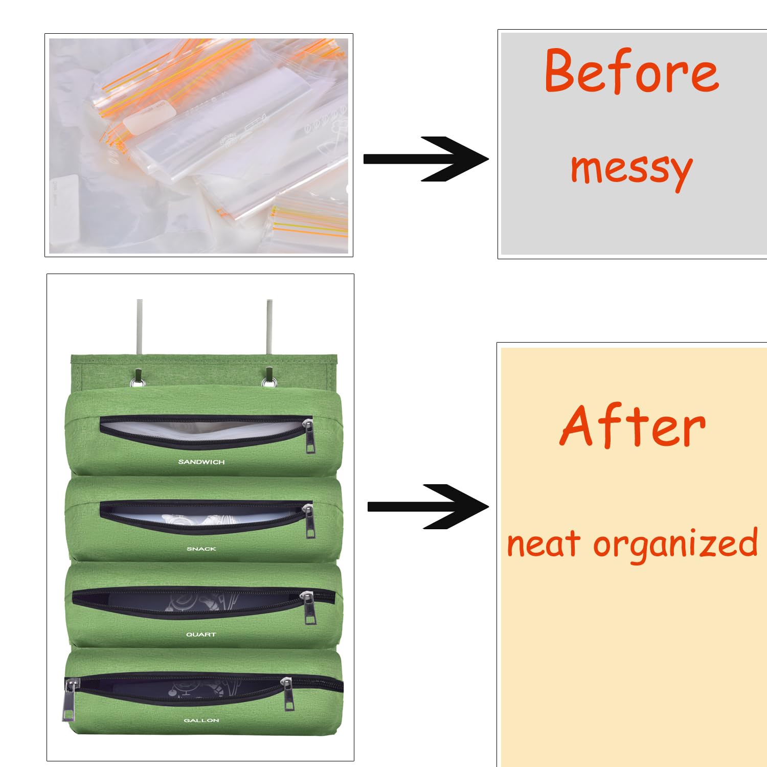 Zipper Bag Organizer Compatible with Gallon, Quart, Sandwich & Snack Food Storage Bag, Kitchen Plastic Bag Storage Organizer for Kitchen RV Camper (Grey)