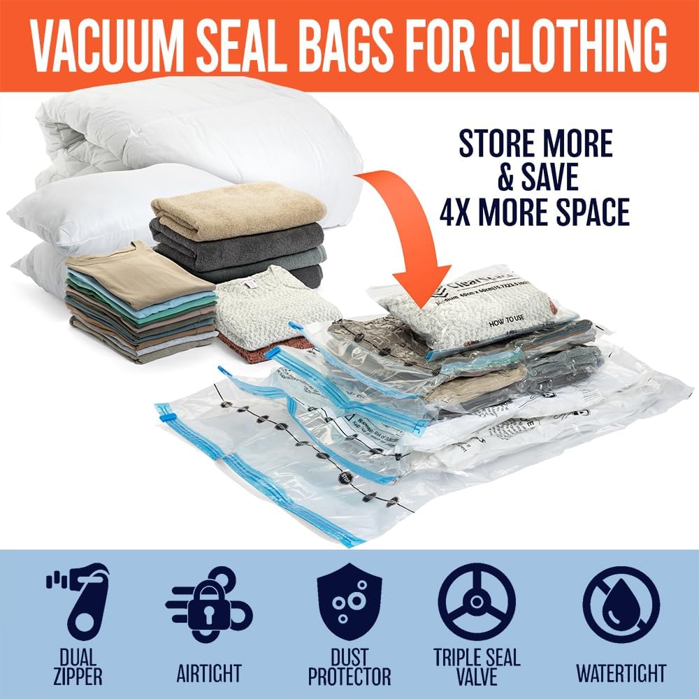 Vacuum Seal Bags for Clothing Travel, 12 Combo - Space Saver Vacuum Storage Bags, Blanket & Clothes Storage Bags Vacuum Sealed – Hand Pump Included, Bolsas Para Guardar Ropa Al Vacío