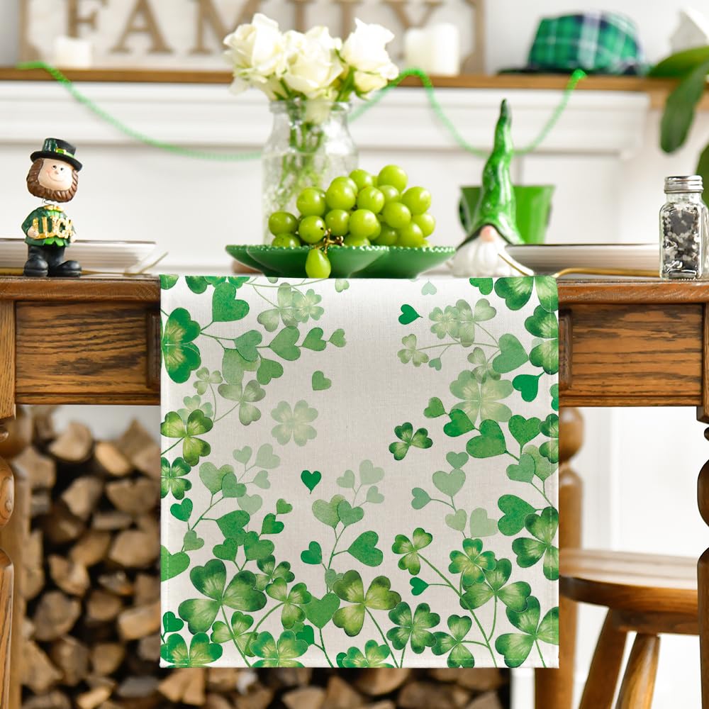 Artoid Mode Shamrock Love Heart 210 GSM St. Patrick's Day Table Runner, Seasonal Spring Kitchen Dining Table Decoration for Home Party Decor 13x72 Inch