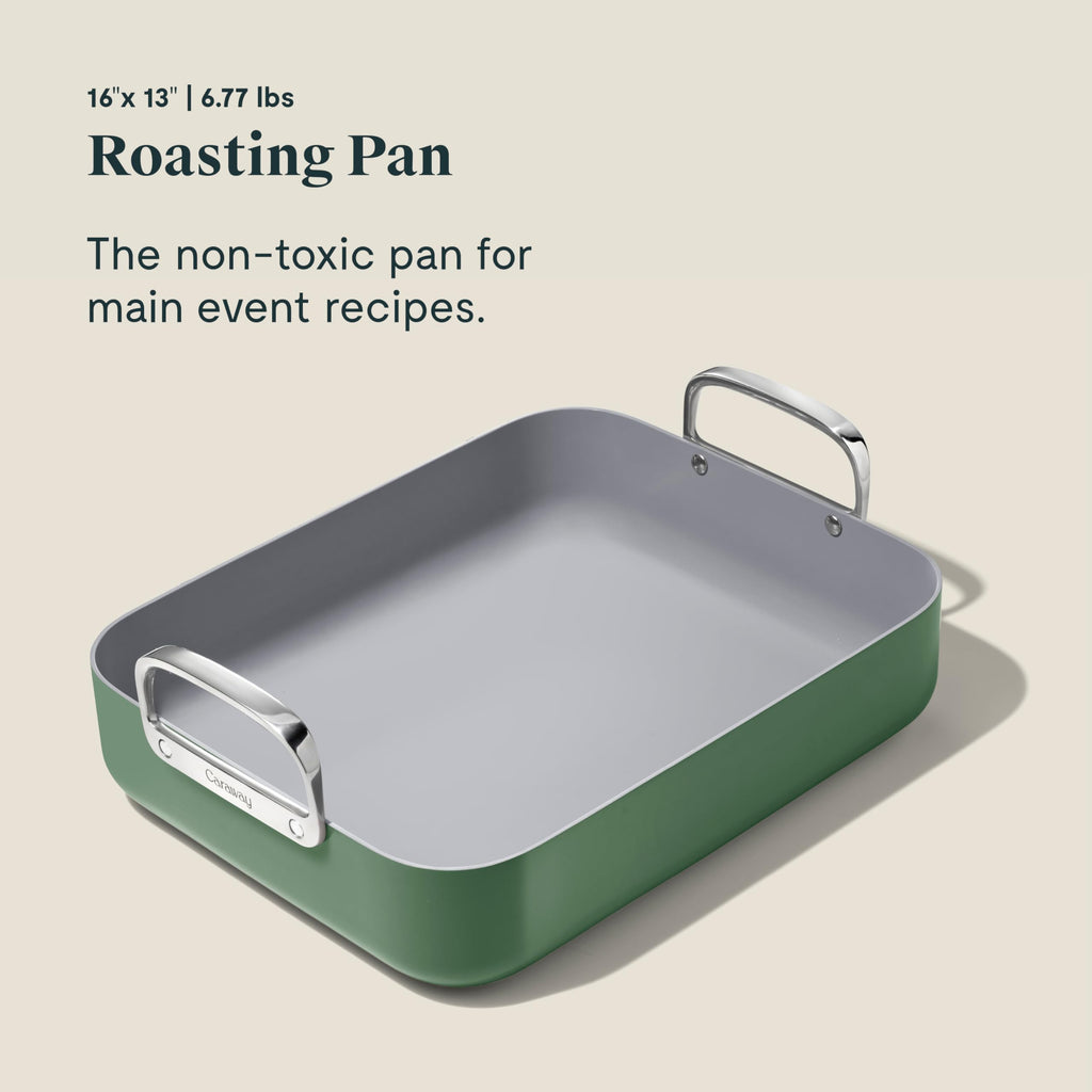 Caraway Roasting Pan - 16x13” Roasting Pan with Rack - Non-Stick Ceramic Coated - Non Toxic, PTFE & PFOA Free - Oven Safe & Compatible with All Stovetops - Cream