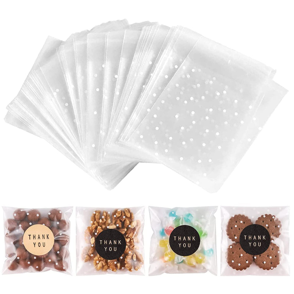 100PACK Self Sealing Cellophane Bags Clear Cookie Treat Bags Thank You for Gift Giving Candy with Stickers(White Polka Dot, 4x4 INCH)