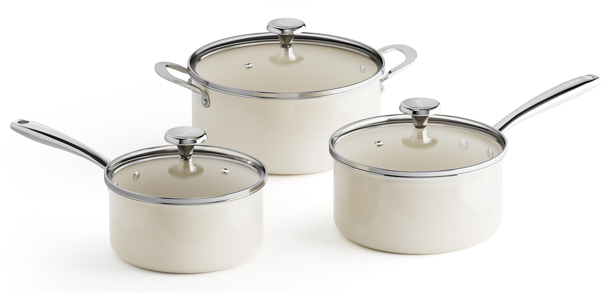 Redchef Cooking Pot Set Induction 5Qt, Saucepan Set 2.5/3.5Qt Nonstick Ceramic Cookware Set, Compatible All Cooktops, Even Heat, Stay-Cool Handles, Oven/Dishwasher Safe, PTFE PFAS Free (Beige)