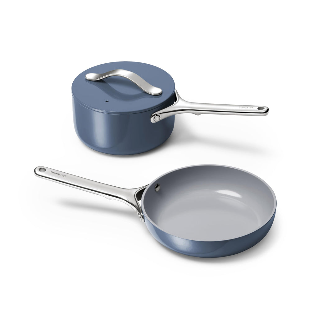 Caraway Mini Cookware Set - Non-Stick Ceramic Fry Pan (1.05 qt, 8") Sauce Pan (1.75 qt) & Storage Rack - Non Toxic, PTFE & PFOA Free - Oven Safe & Stovetop Agnostic (Gas, Electric & Induction) - Cream