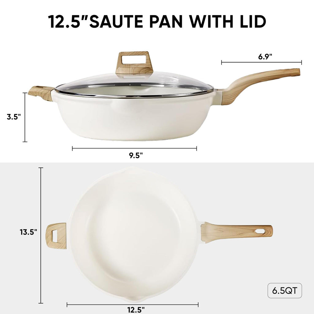 CAROTE 12Inch Nonstick Deep Frying Pan with Lid, 5.5 Qt Jumbo Cooker Saute Pan with Pour Spout, Skillet Induction Cookware, Non Stick Cooking Pan Kitchen Pan PFOA Free, White Granite
