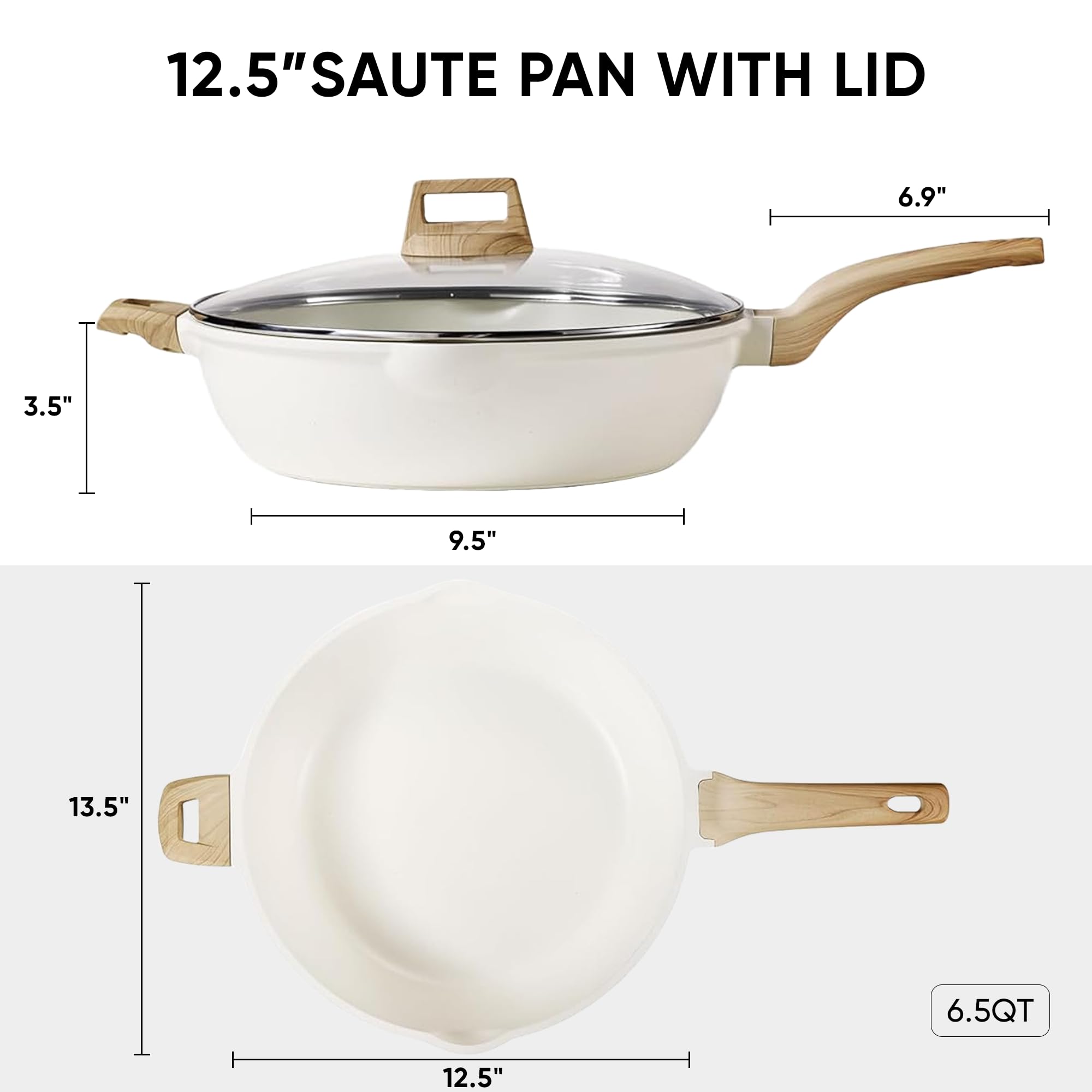 CAROTE 12Inch Nonstick Deep Frying Pan with Lid, 5.5 Qt Jumbo Cooker Saute Pan with Pour Spout, Skillet Induction Cookware, Non Stick Cooking Pan Kitchen Pan PFOA Free, White Granite