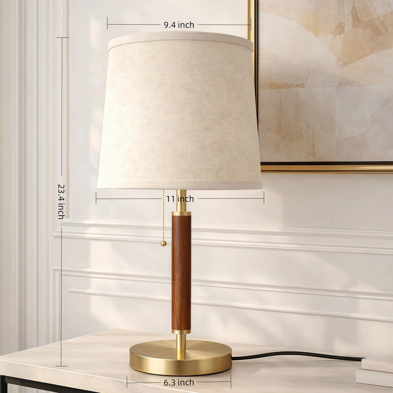 JOOFO LED Table Lamp with Pull Chain, Bedside Lamp with 3 Color Temperatures, Modern Wood Pole Table Lamp for Bedroom, Living Room, Office