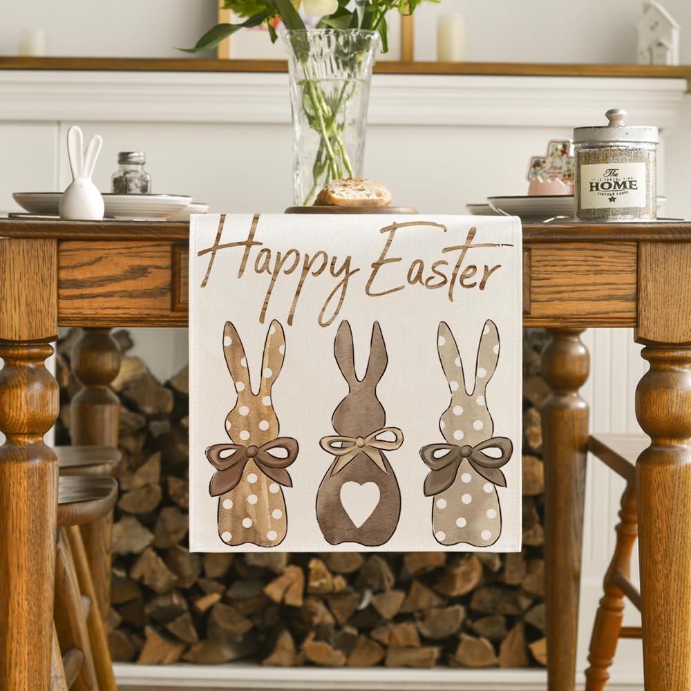 Artoid Mode Carrots Rabbit Bunny Happy Easter Table Runner, Spring Summer Seasonal Holiday Kitchen Dining Table Decoration for Indoor Outdoor Home Party Decor 13 x 72 Inch