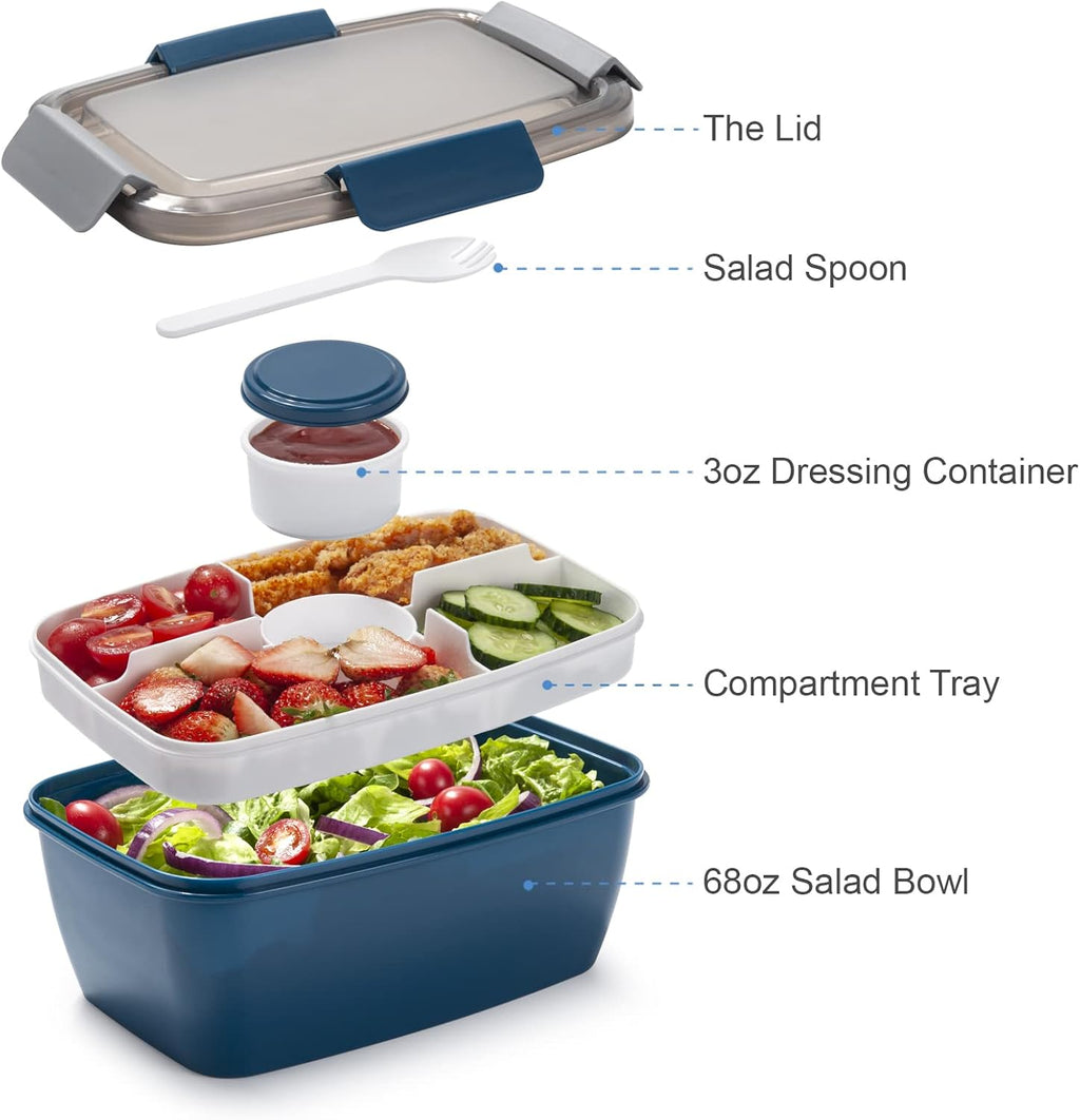 Freshmage Large Salad Container for Lunch, 2 Packs 68oz Salad Bowls with 5 Compartments, Salad Dressings Container for Salad Toppings, Snacks, Men, Women (Pink+Blue)