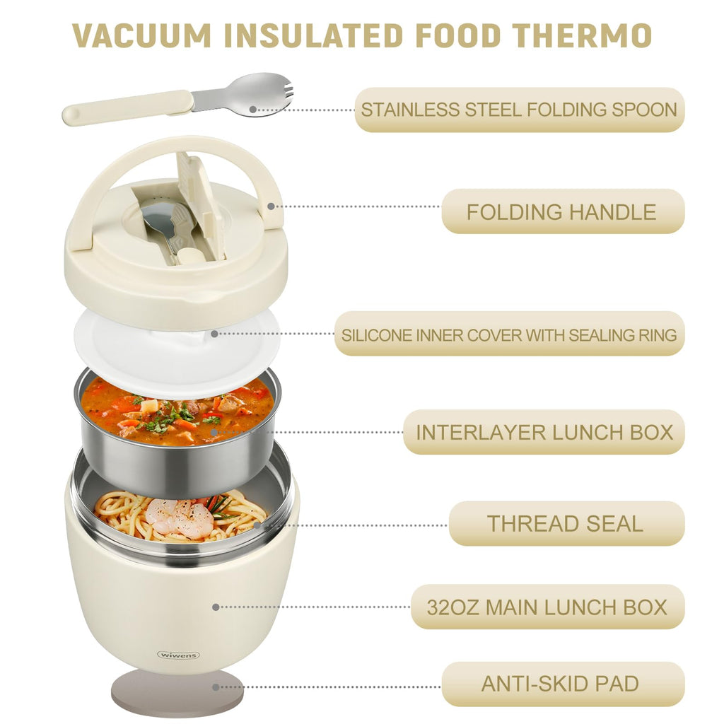 Thermo Food Jar for Hot Food Adults 32OZ Soup Thermo Lunch Containers Wide Mouth Vacuum Insulated Stainless Steel Leakproof Bento Box with Spoon (Black)