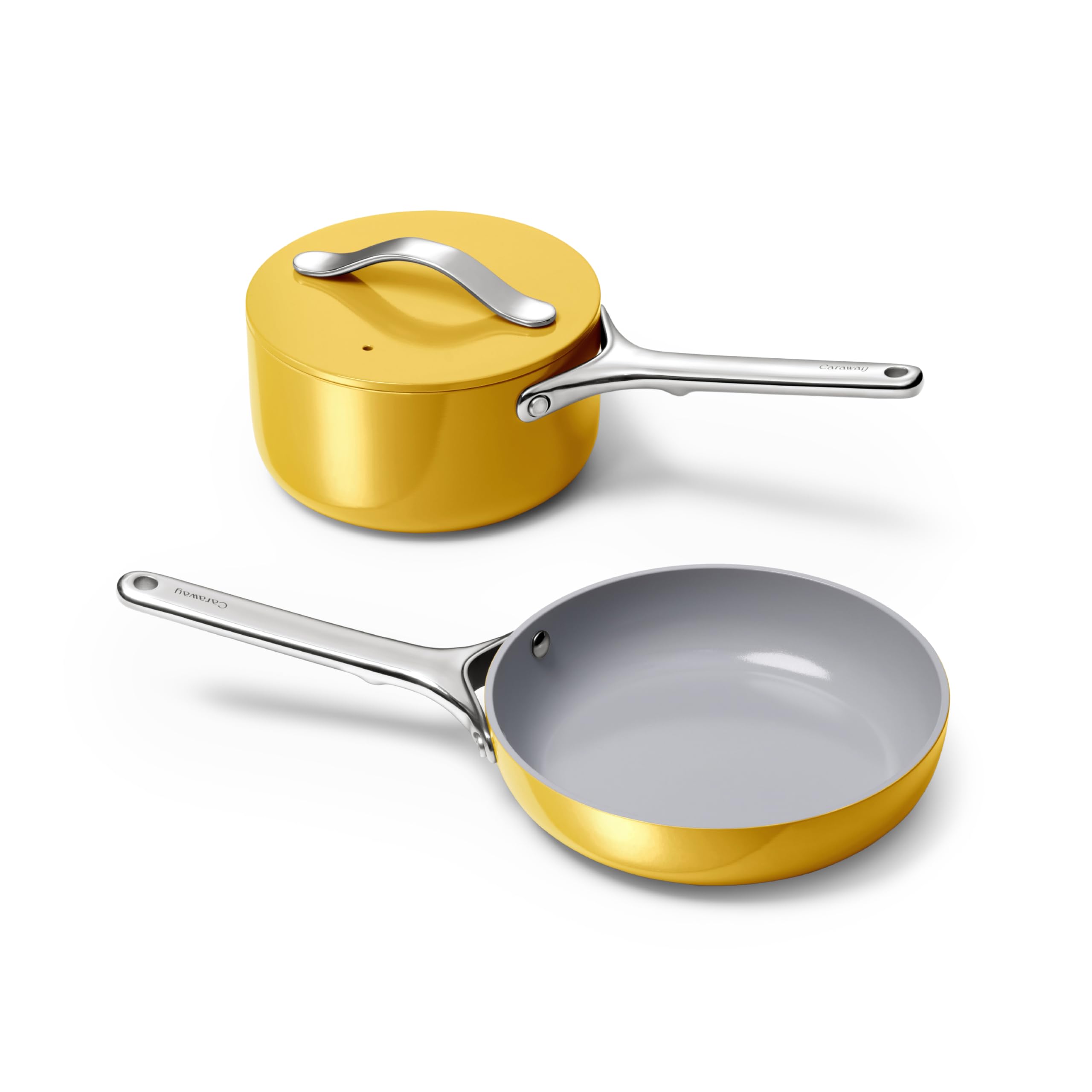 Caraway Mini Cookware Set - Non-Stick Ceramic Fry Pan (1.05 qt, 8") Sauce Pan (1.75 qt) & Storage Rack - Non Toxic, PTFE & PFOA Free - Oven Safe & Stovetop Agnostic (Gas, Electric & Induction) - Cream