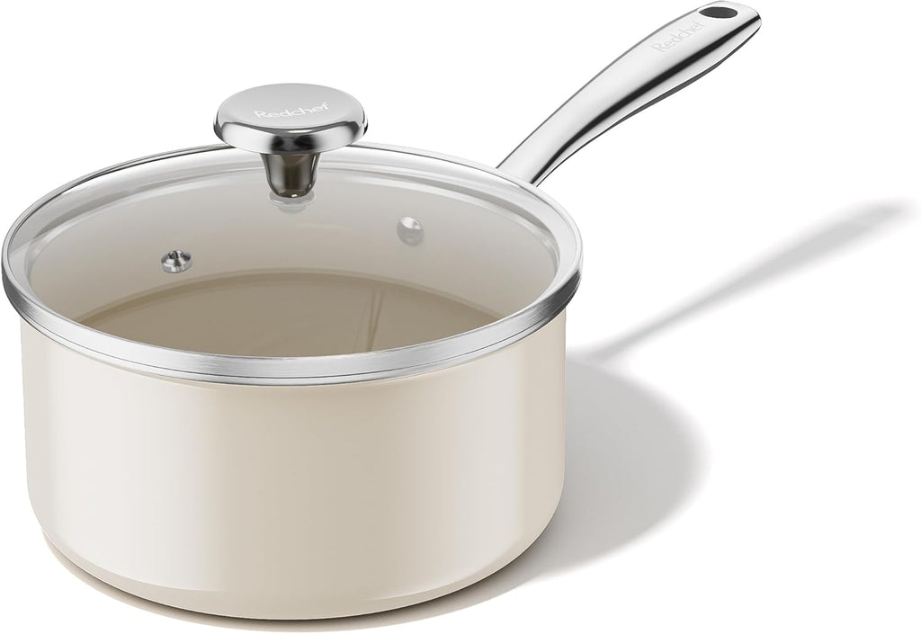 Redchef 5 QT Ceramic Stock Pot with Lid, 3.5QT Small Saucepan Stay-Cool Handles, Compatible All Stovetops, PFAS PFOA & PTFE Free (Beige)