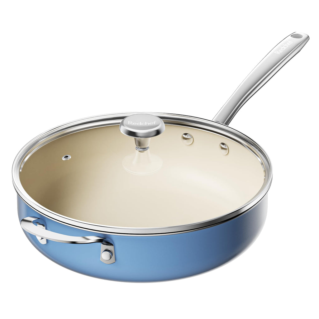 Redchef Ceramic Saute Pan with Lid, Nonstick Deep Frying Pan, 5QT Jumbo Cooker with Helper Handle & Lid, Non Toxic Ceramic Cooking Pan, Chef Pan, Dishwasher & Oven Safe, PFAS PFOA & PTFE Free