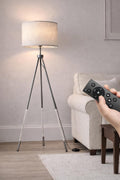 JOOFO Modern Metal Tripod Floor Lamp with Remote, Dimmable Tall Standing Corner Lamp with Oversized Linen Shade & Foot Switch for Living Room, Bedroom
