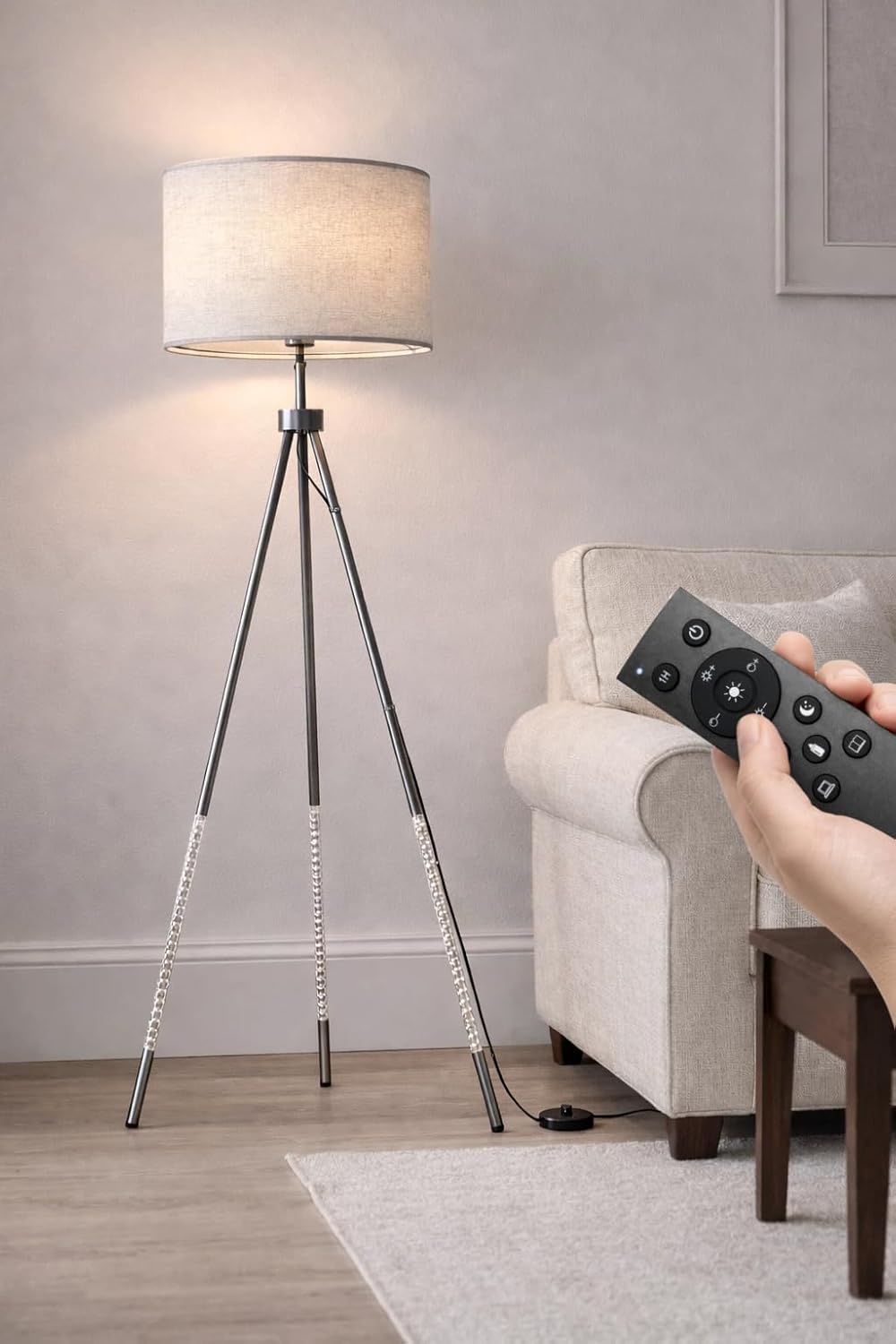 JOOFO Modern Metal Tripod Floor Lamp with Remote, Dimmable Tall Standing Corner Lamp with Oversized Linen Shade & Foot Switch for Living Room, Bedroom