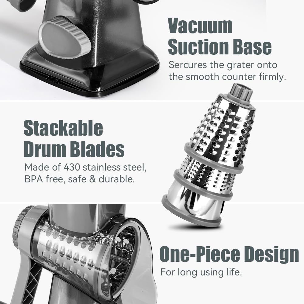 KEOUKE Rotary Cheese Grater Hand Crank Transparent - Shredder Slicer Grinder 3 Stainless Steel Blades, Stable Suction, Labor-Saving Handle, Safe Kitchen Tool for Cheese, Vegetable, Nuts, Chocolate