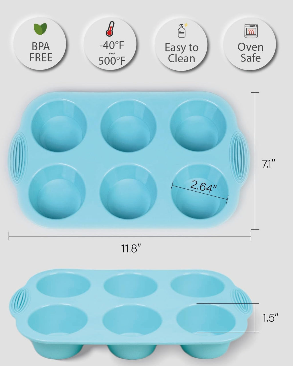 Silicon Muffin Pan-3-pack includes 100 Natural Cupcake Liners, 6-cavity Regular Size, BPA Free, Egg Bite & Muffin Molds for Baking
