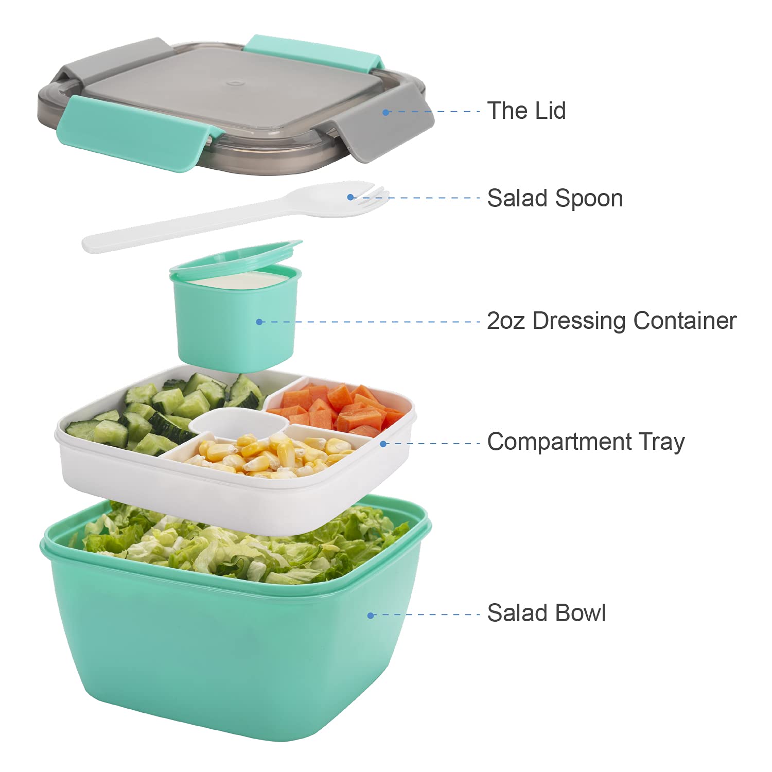 Freshmage Salad Lunch Container To Go, 52-oz Salad Bowls with 3 Compartments, Salad Dressings Container for Salad Toppings, Snacks, Men, Women (Blue)