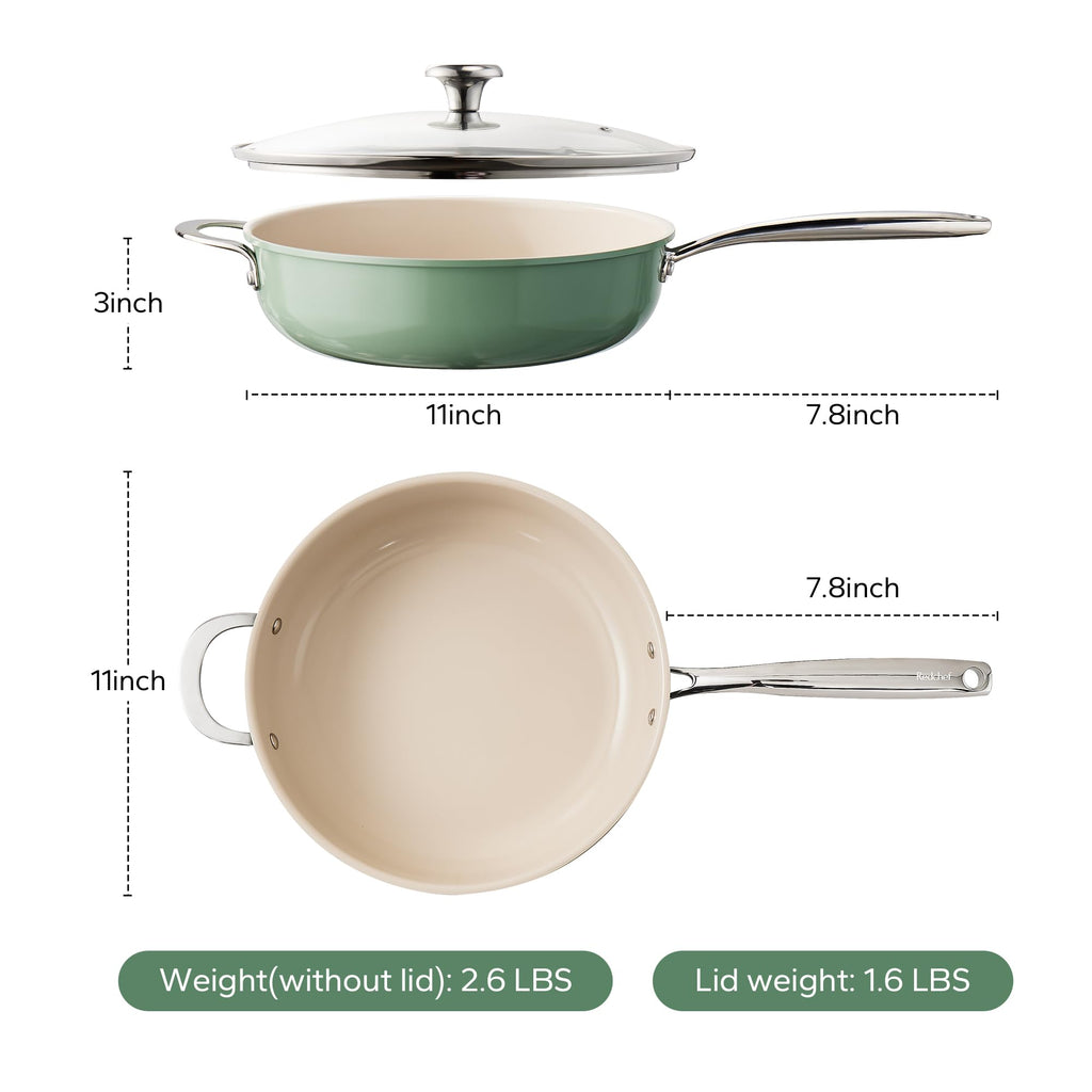 Redchef Ceramic Saute Pan with Lid, Nonstick Deep Frying Pan, 5QT Jumbo Cooker with Helper Handle & Lid, Non Toxic Ceramic Cooking Pan, Chef Pan, Dishwasher & Oven Safe, PFAS PFOA & PTFE Free