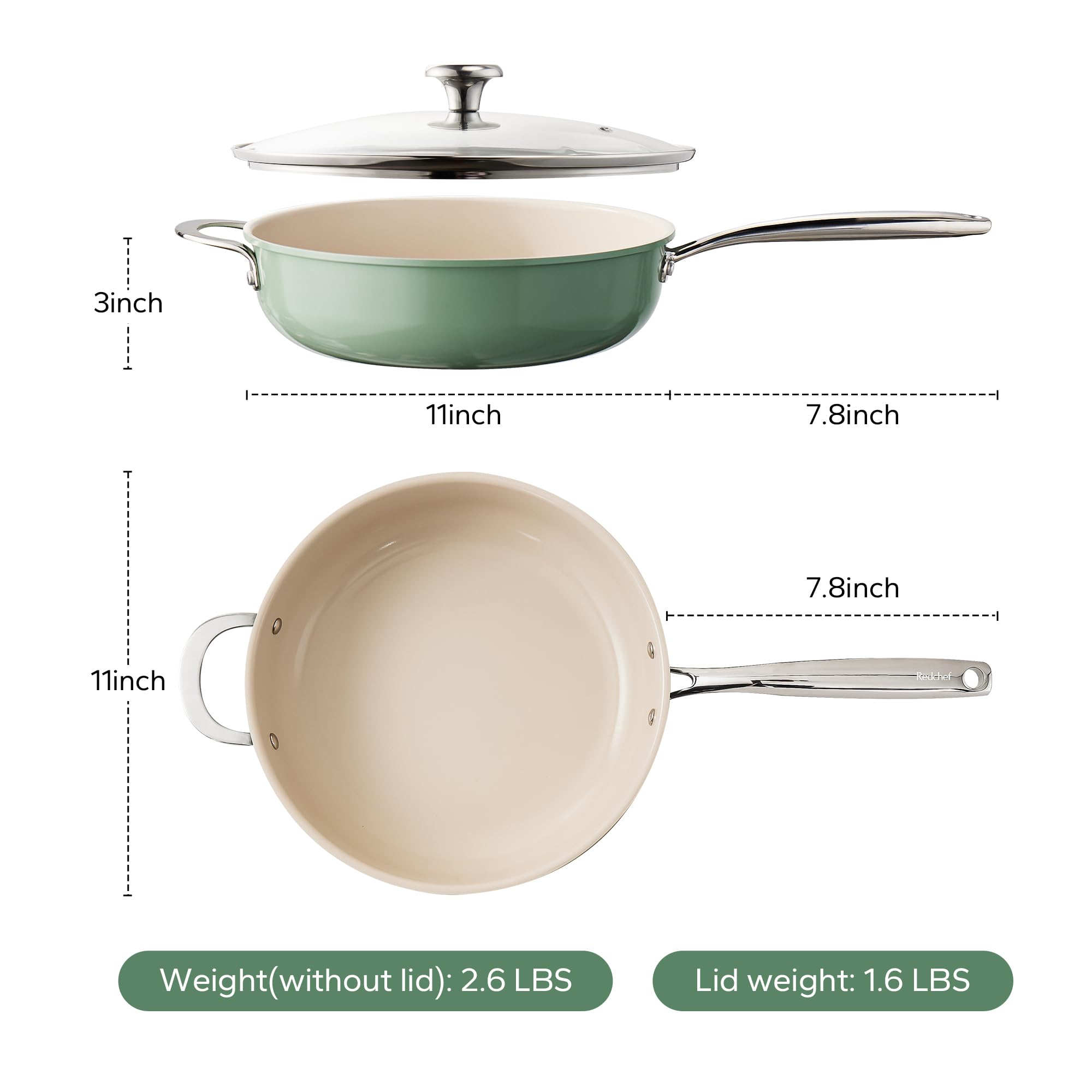 Redchef Ceramic Saute Pan with Lid, Nonstick Deep Frying Pan, 5QT Jumbo Cooker with Helper Handle & Lid, Non Toxic Ceramic Cooking Pan, Chef Pan, Dishwasher & Oven Safe, PFAS PFOA & PTFE Free