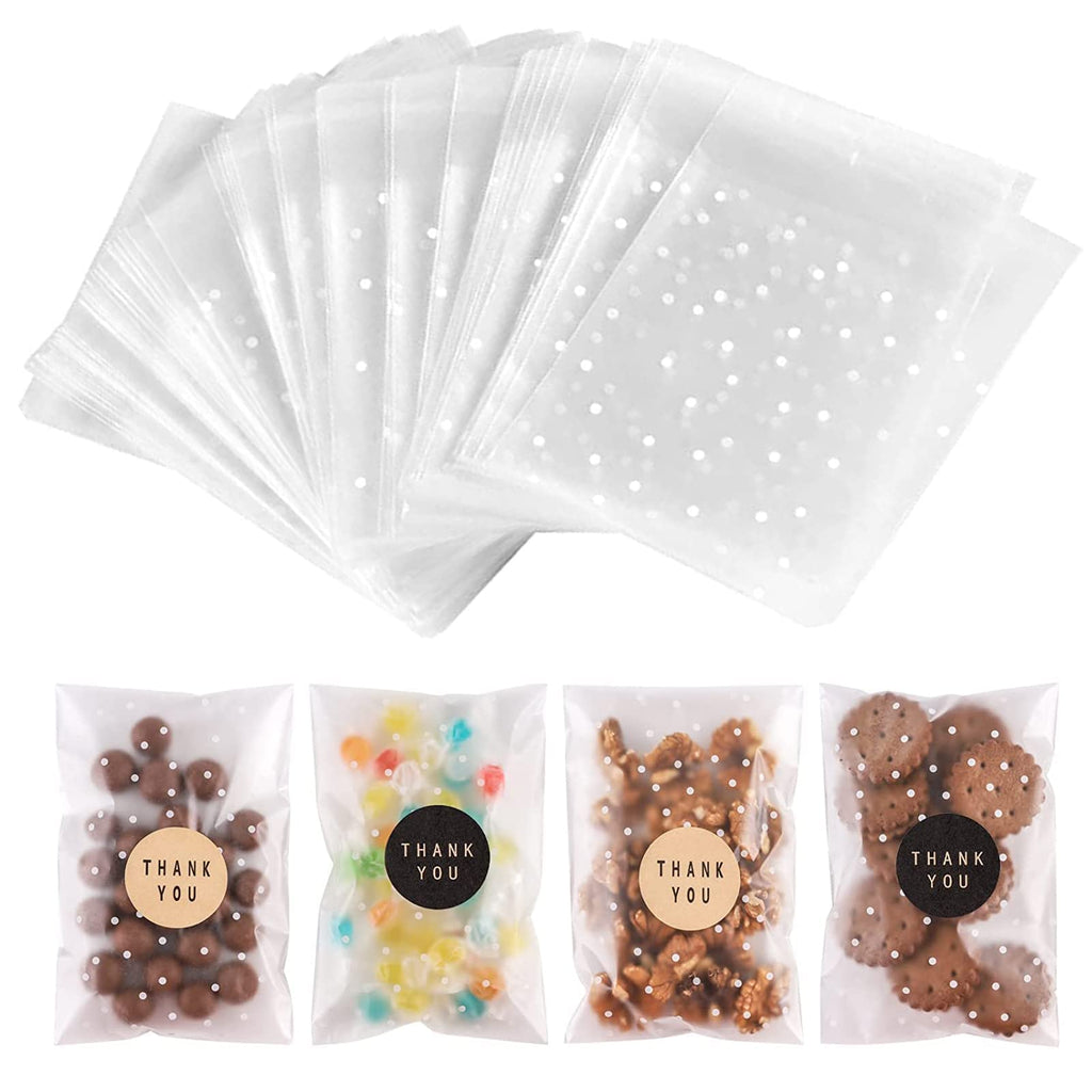 100PACK Self Sealing Cellophane Bags Clear Cookie Treat Bags Thank You for Gift Giving Candy with Stickers(White Polka Dot, 4x4 INCH)