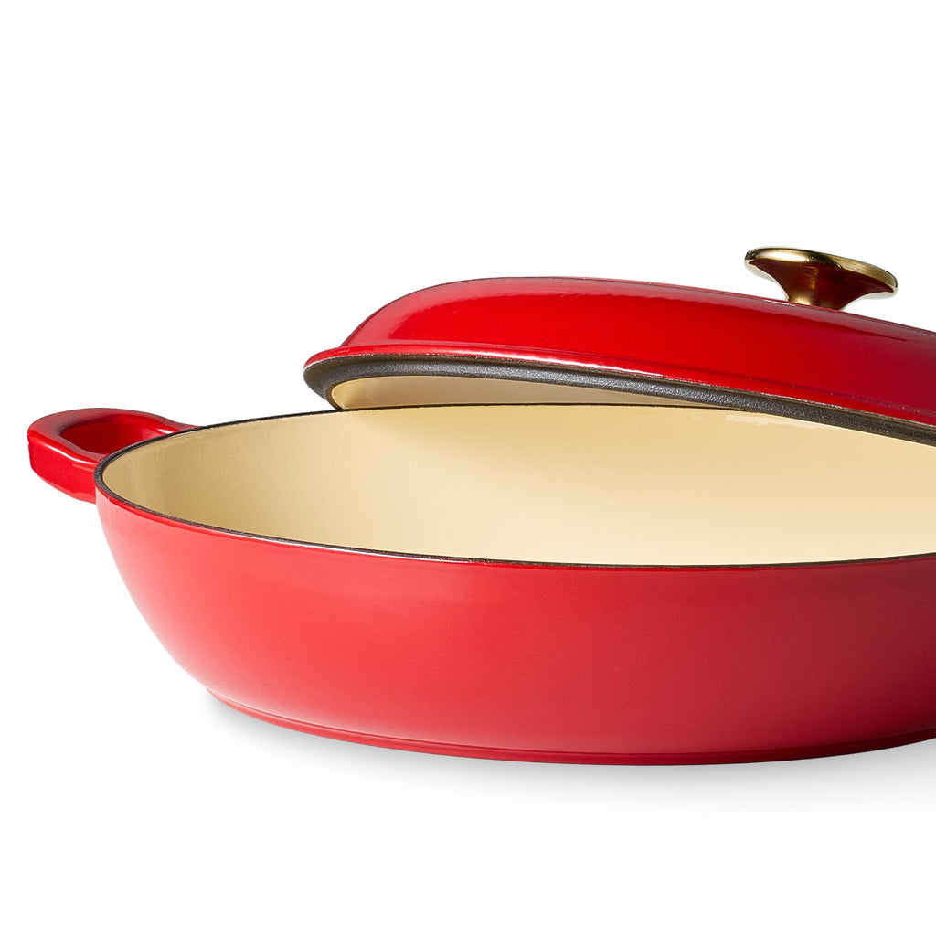 CAROTE 3.4QT Enameled Cast Iron Braiser Pan, Shallow Dutch Oven Casserole Skillets, Non-Toxic Cast Iron Pot with Lid for Grilling, Searing, Baking, Dual Handles, All Stovetop Compatible, White