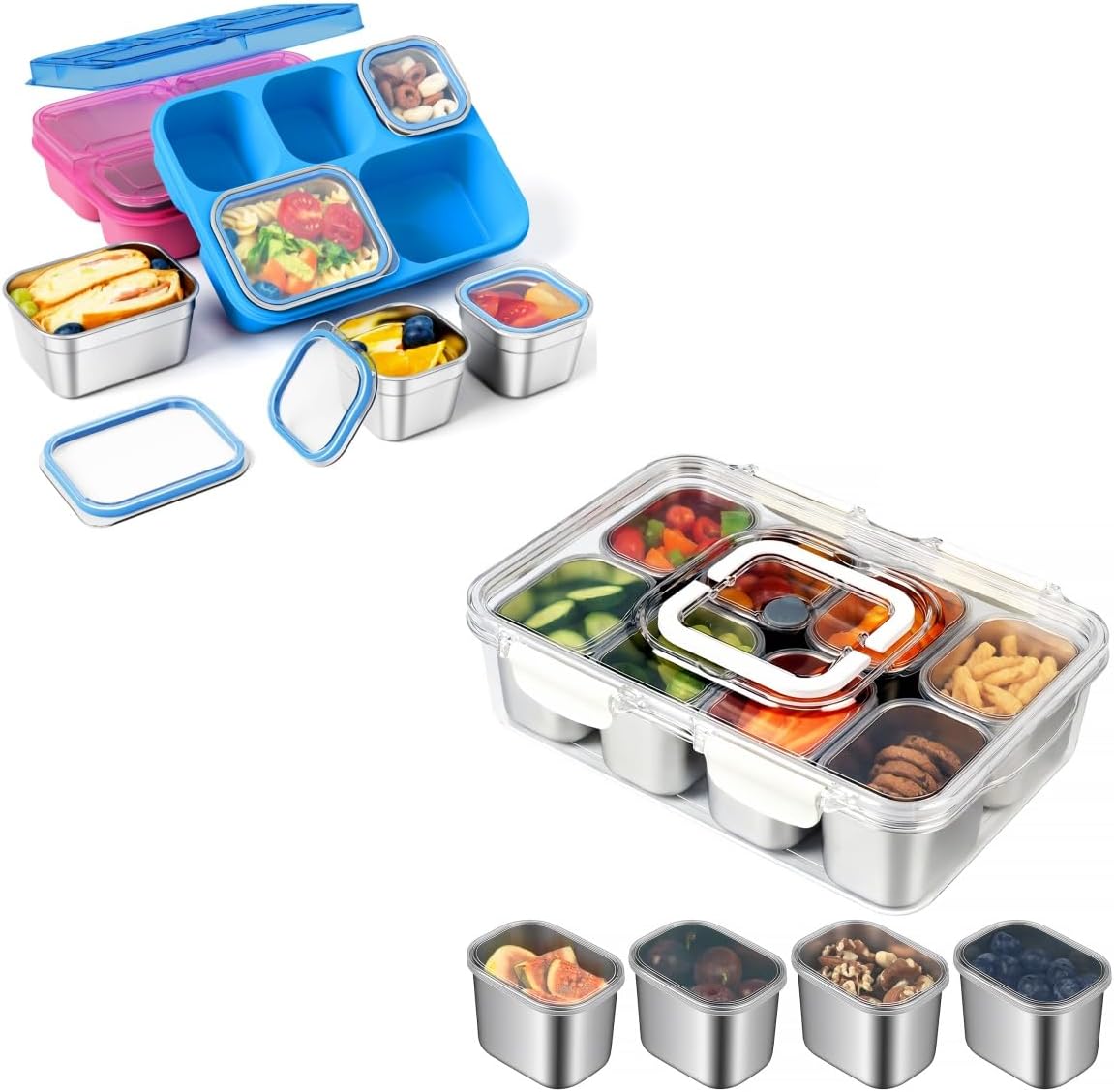 Freshmage 8 Compartment Stainless Steel Snack Containers and 2 Pack Reusable Food Storage Snackle