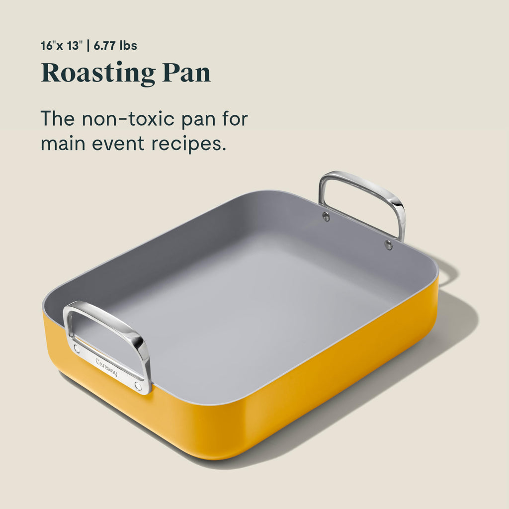 Caraway Roasting Pan - 16x13” Roasting Pan with Rack - Non-Stick Ceramic Coated - Non Toxic, PTFE & PFOA Free - Oven Safe & Compatible with All Stovetops - Cream