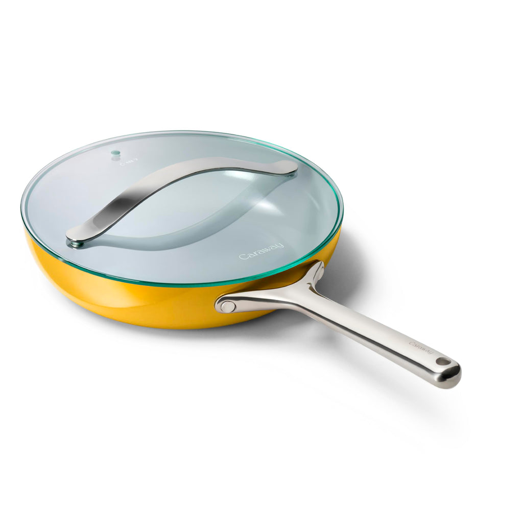 Caraway Nonstick Ceramic Frying Pan With Glass Lid (2.7 qt, 10.5") - Non Toxic, PTFE & PFOA Free - Oven Safe & Compatible with All Stovetops (Gas, Electric & Induction) - Cream