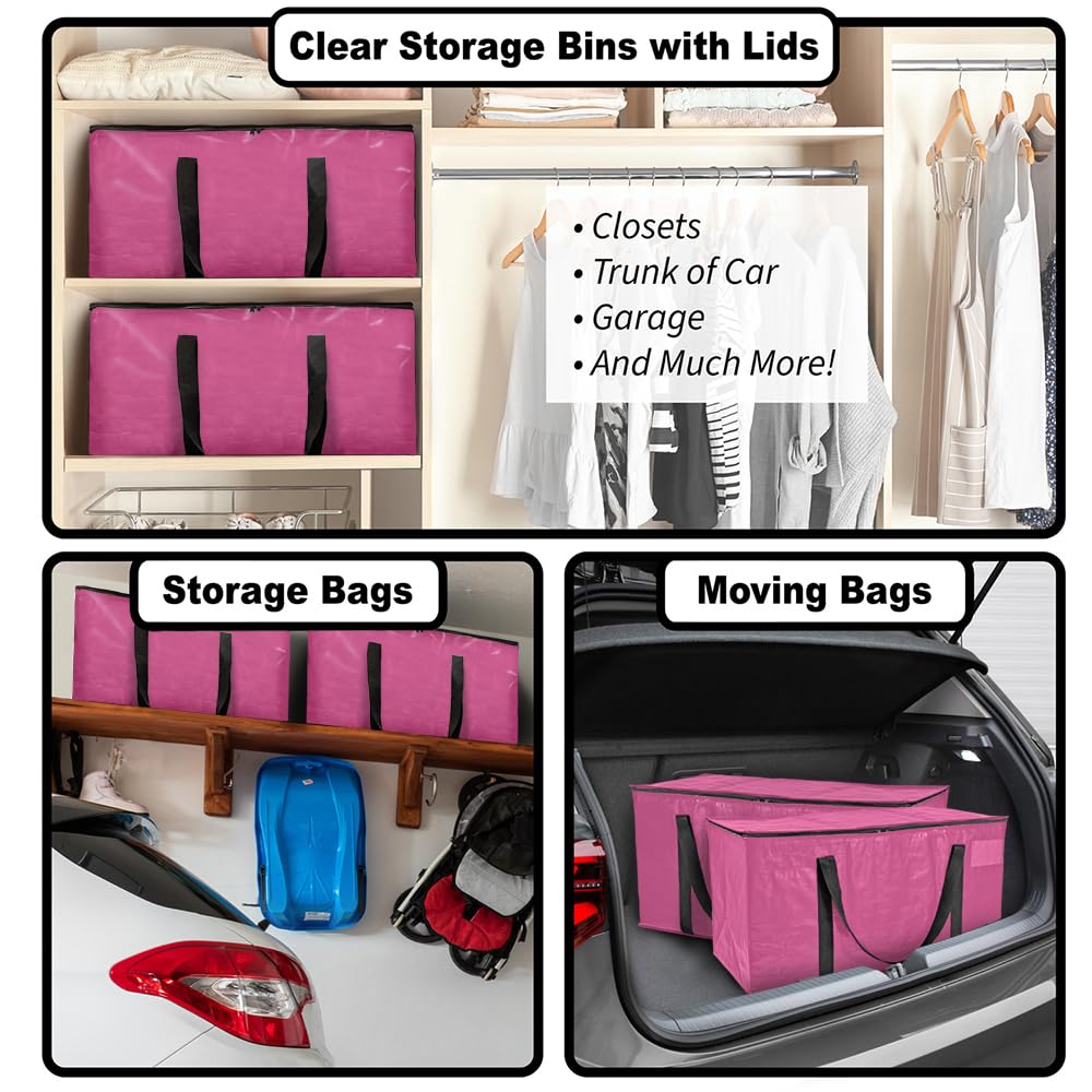 ClearSpace Heavy Duty Moving Bags or Storage Bags – Pink Storage Bins with Lids, Large Moving Boxes with Backpack Straps & Zippers,– Packing Box & Moving Supplies for College Dorm, 4 Pack